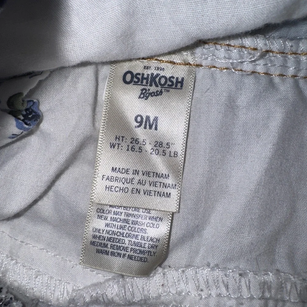 OshKosh B'gosh Dress Baby Girl 9M Blue Denim Floral Gingham Ruffle Vestbak